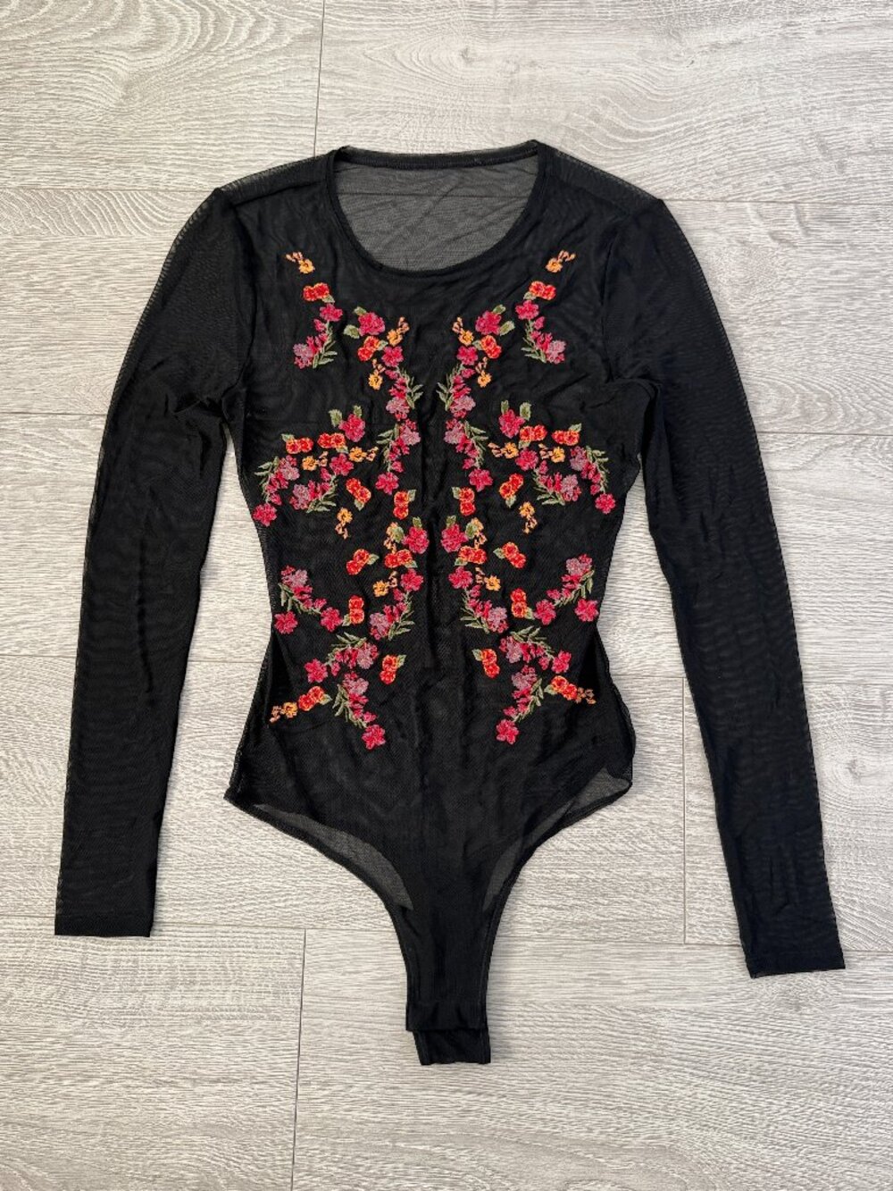 BCBGMAXAZRIA Black Sheer Mesh Floral Embroidered Long Sleeve Bodysuit XS